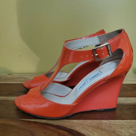 Authentic Jimmy Choo T Strap Orange Wedge Sandal Size 37.5/7.5 - Picture 2 of 4